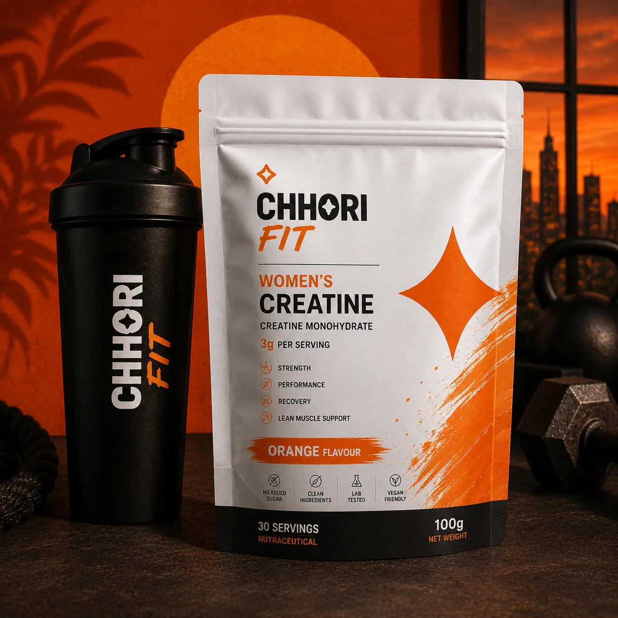 Chhori Fit Women's Creatine 100g pouch beside a branded shaker