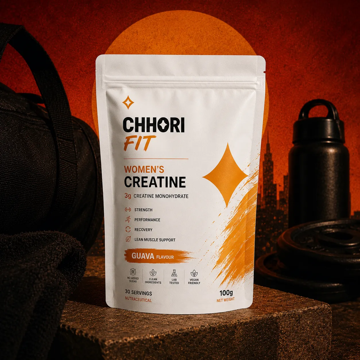 Chhori Fit Women's Creatine 100g pouch with gym bag and water bottle