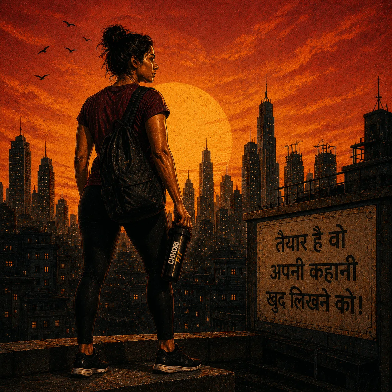 Indian woman overlooking city skyline at sunset
