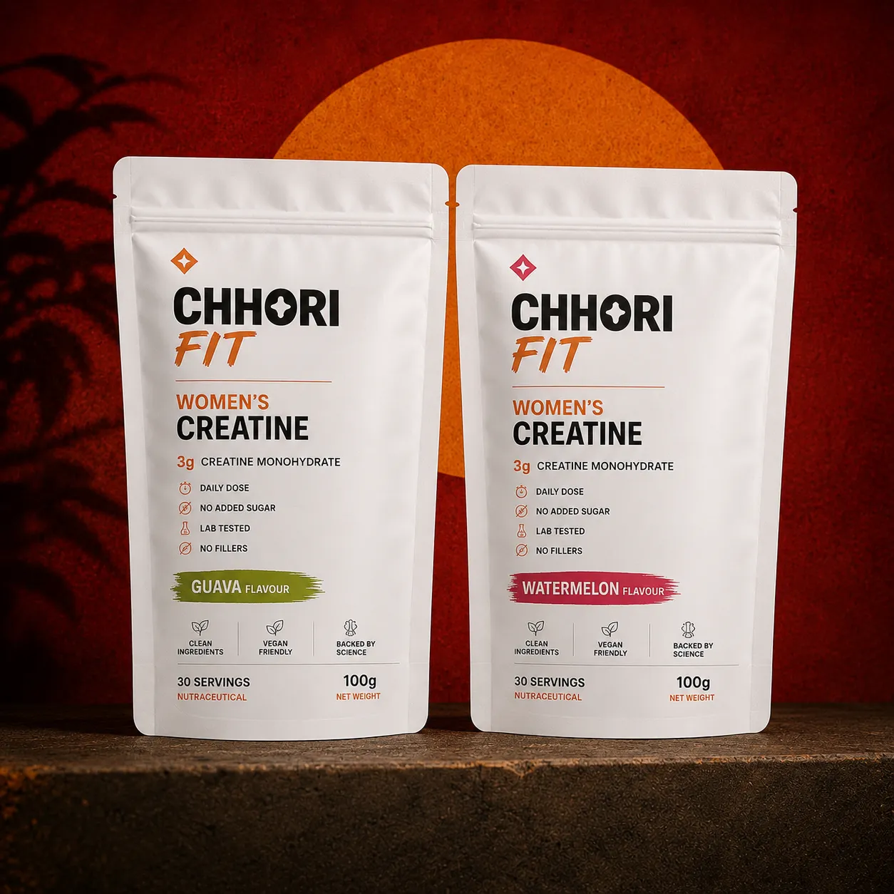 Chhori Fit Women's Creatine 100g pouches in guava and watermelon